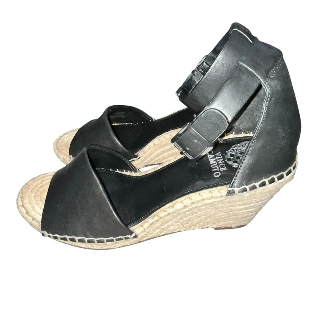 NEW Vince Camuto Black Leather Leera Espadrille Wedge Sandals Shoes size 10